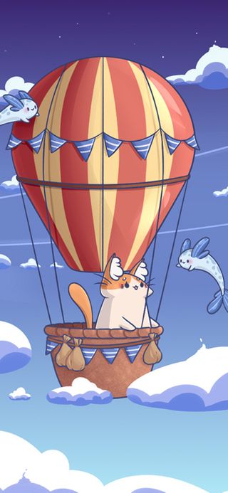 Cat is flying on a baloon